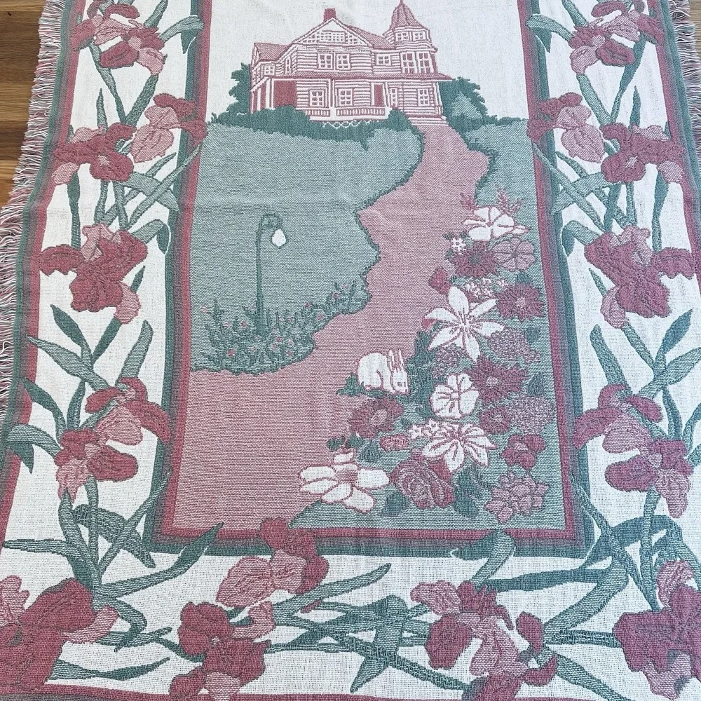 Cotton tapestry throw blanket Victorian house and garden scene 62
